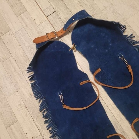 Kids Vintage 90's Western Blue Leather Fringe Concho Rodeo Cowboy Chaps Size 4T - Picture 5 of 6